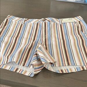 a.n.a Mid-Rise Midi Shorts with Blue, tan  and Pink Stripes